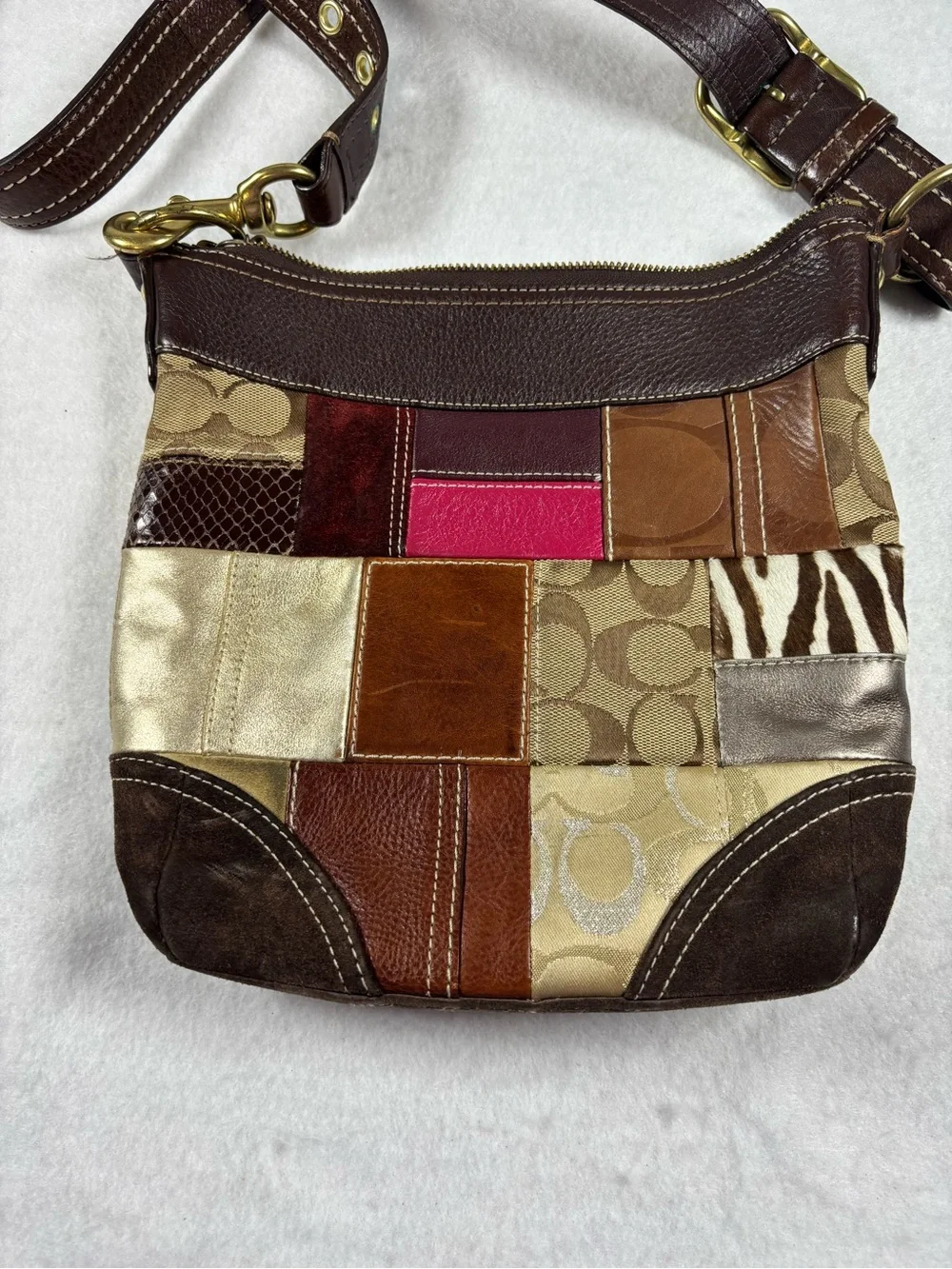 Coach Patchwork Leather & Signature Canvas Hobo Shoulder Bag Brown Multi Y2K
